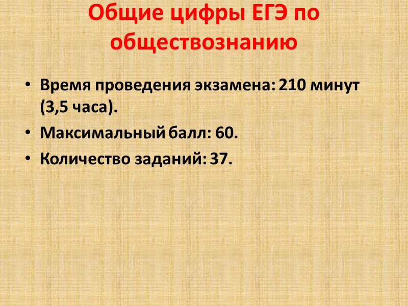 Общие цифры ЕГЭ по обществознанию  Время проведения экзамена: 210 минут (3,5 часа). 